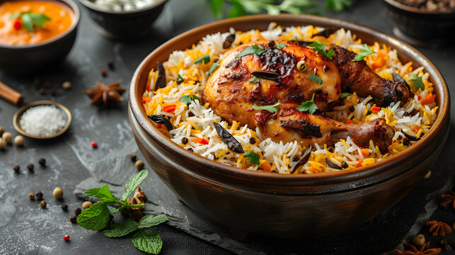 Top view of chicken mandi, national dish of Saudi Arabia, chicken kabasa with rice mandi,