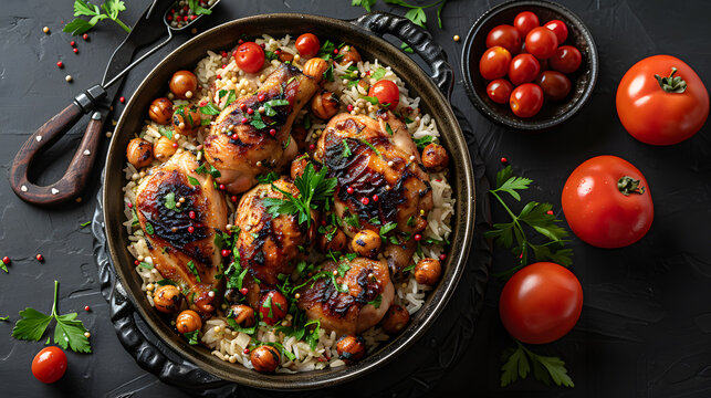 Top view of chicken mandi, national dish of Saudi Arabia, chicken kabasa with rice mandi,