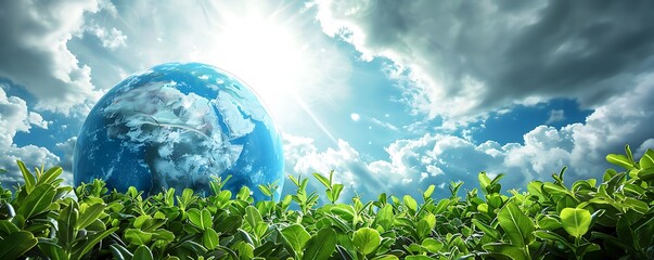 The vivid blue Earth shines brightly under a cloudy sky surrounded by thriving greenery that symbolizes our responsibility to protect the ozone layer and maintain a sustainable lifestyl