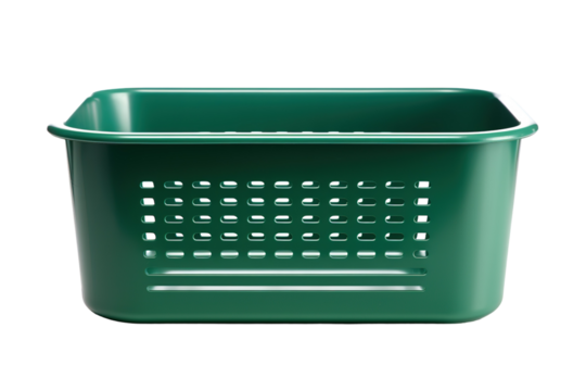 A Deep Green Plastic Basket With a Perforated Design on a Clear PNG or White Background.