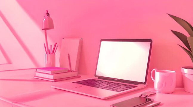 A minimalistic desk setup with an open laptop, smartphone and office supplies on a light pink background.