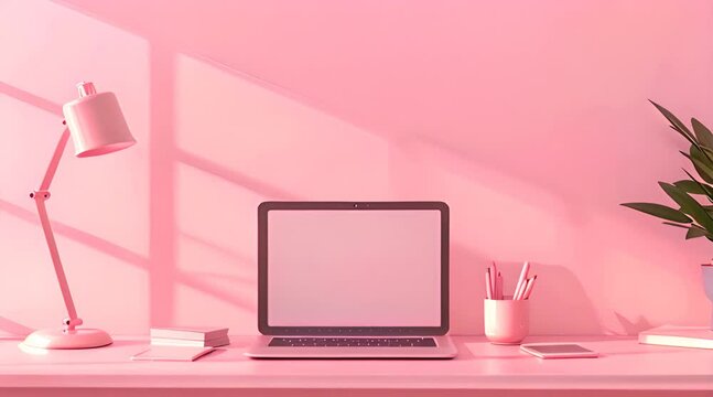 A minimalistic desk setup with an open laptop, smartphone and office supplies on a light pink background.