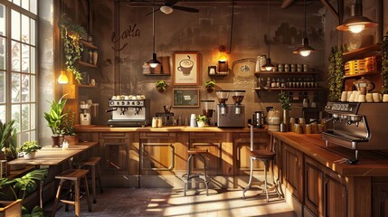 Obraz premium Cozy coffee shop interior with a barista, the aroma of freshly brewed coffee, and a warm, inviting ambiance.