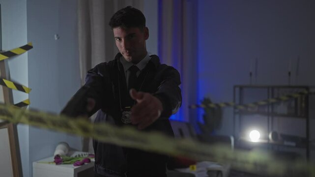 A young hispanic man in police uniform holds a gun, investigating a dark indoor crime scene.