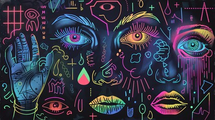 Fototapeta premium Vibrant Neon Abstract Faces with Geometric Patterns and Symbolic Elements on Dark Background