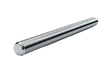A Single Silver Threaded Rod Lies Against A White Background on a Clear PNG or White Background.