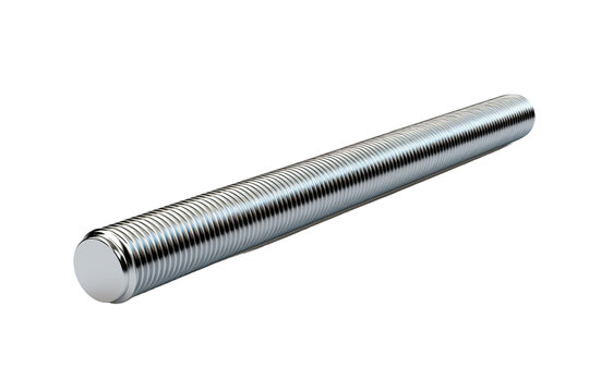 A Single Silver Threaded Rod Lies Against A White Background on a Clear PNG or White Background.