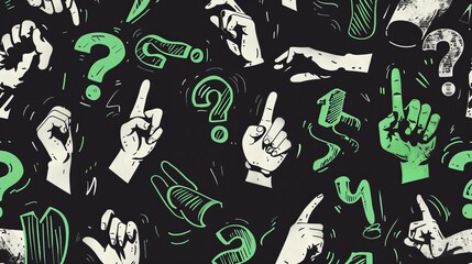 Seamless Pattern of Hand Gestures and Question Marks in Abstract Style