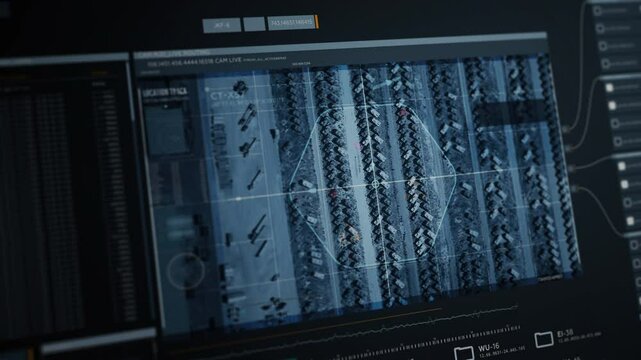 Computers are running the Newest Spying system. Animation of the Drone Camera flying above the battlefield. Animation of the Software identifying the enemy tanks on the Battlefield. Drone Animation.