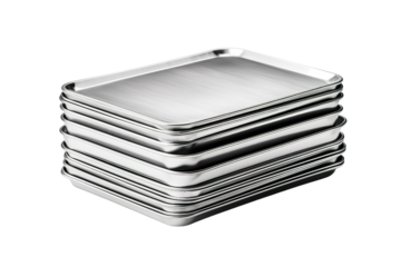 A Stack of Shiny Stainless Steel Baking Sheets Ready for Use on a Clear PNG or White Background.