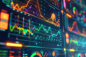 Obraz premium Colorful data analytics dashboard with various charts and graphs on a high-tech digital screen. Data science, business intelligence, data visualization, technology trends, marketing insights.