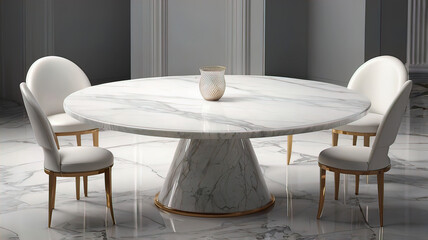 Round table with white marble top with chairs around the table