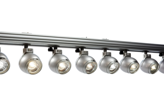 A Row of Silver Track Lighting Illuminates a Bright White Space on a Clear PNG or White Background.