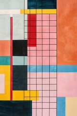 Bright Bauhaus style abstract with geometric shapes and grid.
