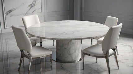 Round table with white marble top with chairs around the table