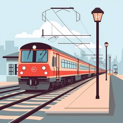 Fototapeta premium Train at station, cartoon, vector, minimalist, illustration, flat design.