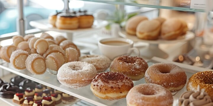 Assorted pastries on bakery display, variety, focus on mochi dou