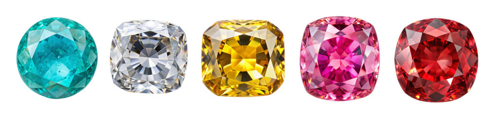 Set of spinel gem stone. Colorful gem stones set in various colors - yellow, red, white, blue and turquoise. Isolated on transparent white background, png