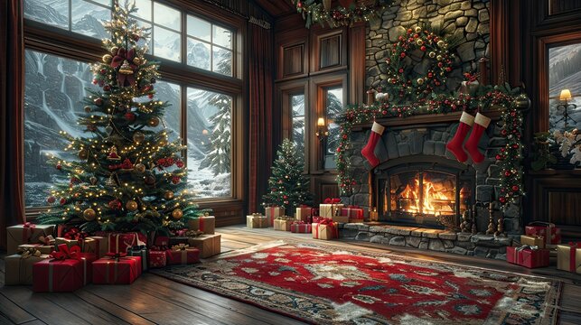 Christmas scene with a beautifully decorated tree, presents, and a cozy living room with a fireplace and stockings.