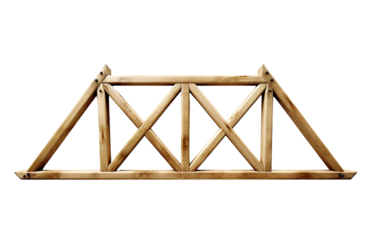 A Wooden Truss Bridge Structure With Interlocking Beams on a Clear PNG or White Background.