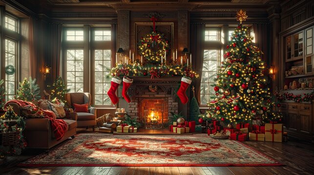 Christmas scene with a beautifully decorated tree, presents, and a cozy living room with a fireplace and stockings.