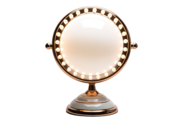A Rose Gold Vanity Mirror With a Halo of Light on a Clear PNG or White Background.