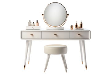 A Gleaming White Vanity Set With Golden Accents and a Round Mirror for a Touch of Glamour on a Clear PNG or White Background.