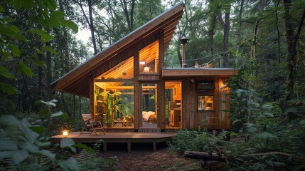 tiny house design in the woods. small wooden cabin house