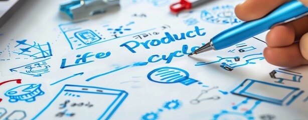 A close-up of a hand writing "Product Lifecycle" on a whiteboard with a high-tech background