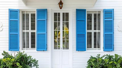 Blue louvered window shutters on a white house