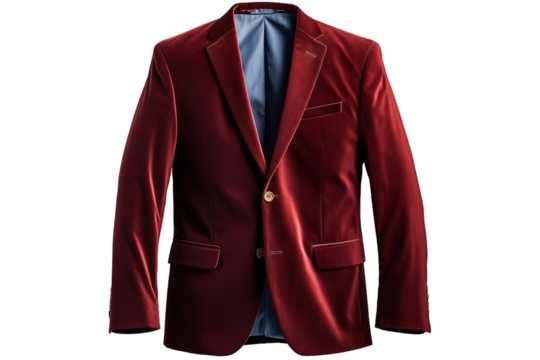 A Crimson Velvet Blazer, Ready For A Night Out on a Clear PNG or White Background.