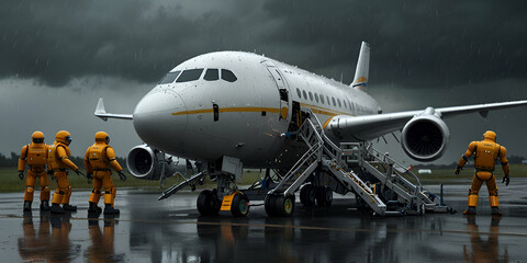 Obraz premium Robots Repairing Outside Engine of Luxurious Airplane in Heavy Rainstorm