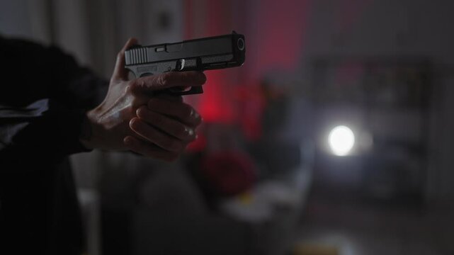 A man's hand holding a pistol in a dimly lit room, suggesting a tense indoor crime scene.