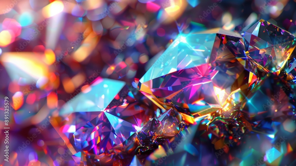 Poster A dazzling image showcasing vibrant and colorful crystals that reflect various hues of light, creating an enchanting visual representation of brilliance and allure.