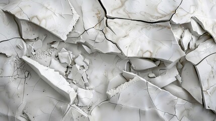 This image shows a cracked white surface with detailed fractures and lines. The intricate patterns and varying shades of white create a stark and compelling visual effect.