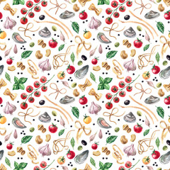 Watercolor seamless pattern with Italian pasta ingredients for cooking on a white background. Pasta, meatballs, tomatoes, basil.