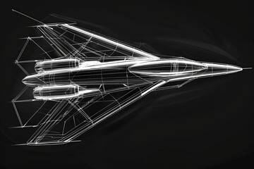 A detailed technical sketch showcases the design of a sleek, futuristic aircraft featuring multiple engines and an aerodynamic structure set against a dark background.