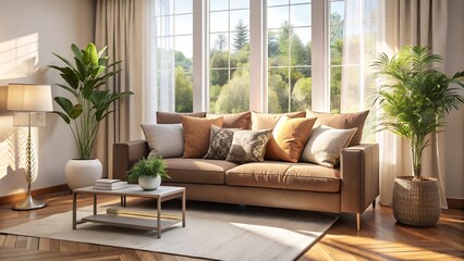 Modern and luminous living room with sofa plants and sunlight