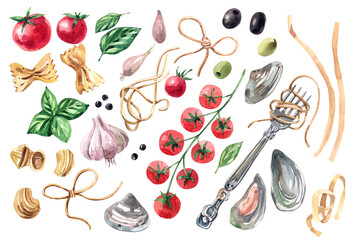 Ingredients for pasta with tomatoes and seafood watercolor illustration isolated on white background. Italian Cuisine.