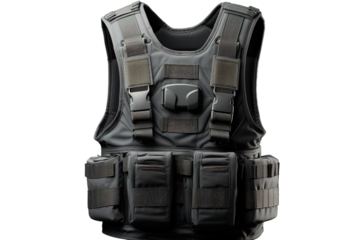 A Black Tactical Vest With Multiple Pouches and Straps on a Clear PNG or White Background.