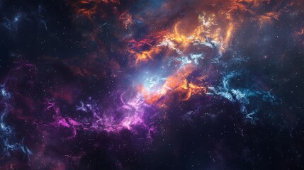 This image depicts a cosmic nebula with vibrant and colorful gas clouds, illustrating the vastness and beauty of outer space and the formation of stars and galaxies.