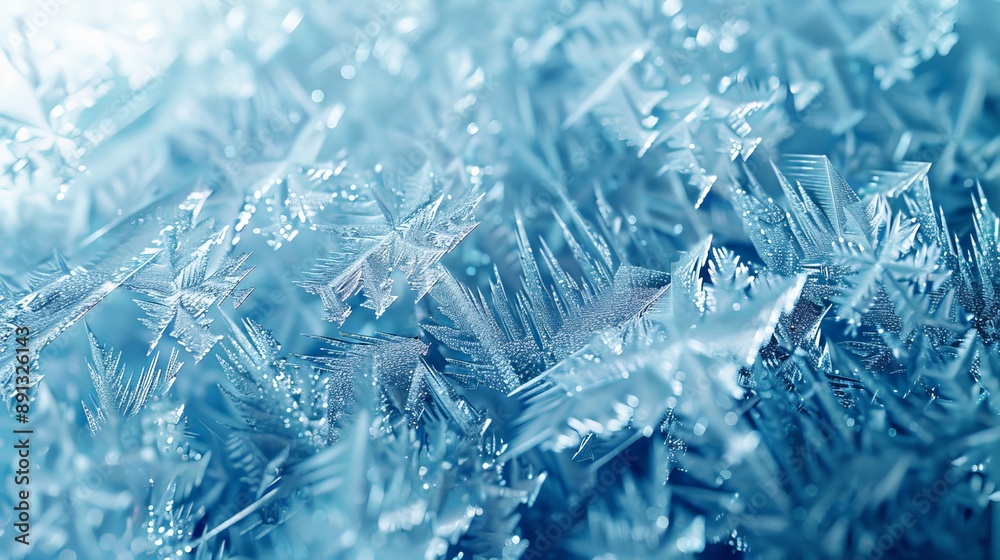 Poster A detailed close-up capture of ice crystals forming complex and intricate patterns, highlighting the natural beauty and fragility of these frozen structures.