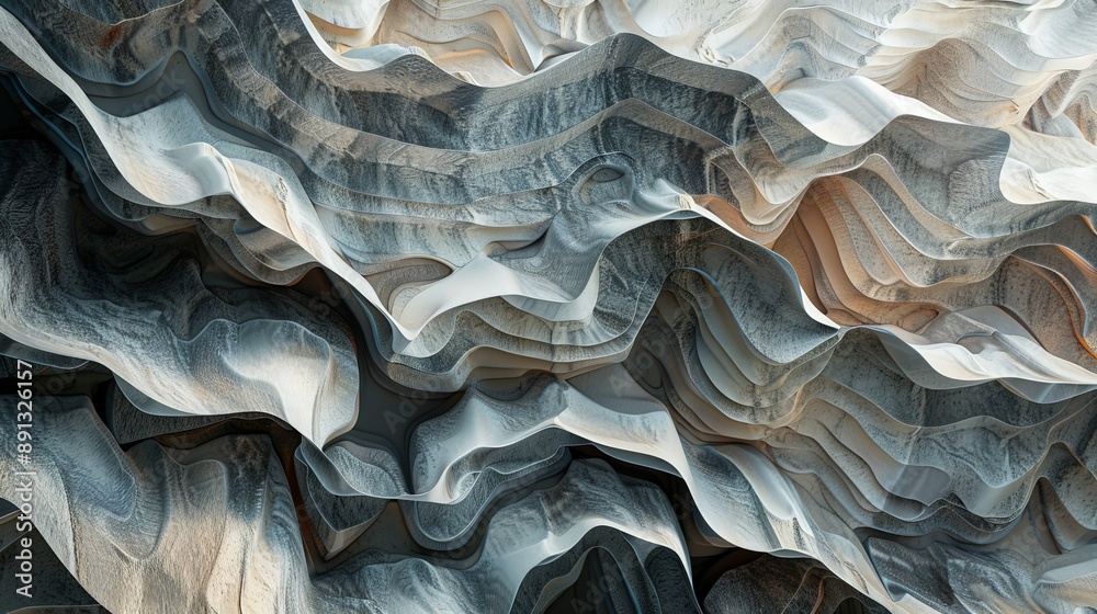 Poster This image features a complex and visually stunning depiction of layered geological formations with intricate abstract textures and colors, evoking a sense of depth and motion.