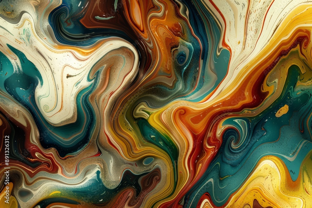 Fototapete A vibrant fluid art piece characterized by swirling bright and dark colors, creating a dynamic, flowing visual effect that captivates the viewer with its fluid motion.