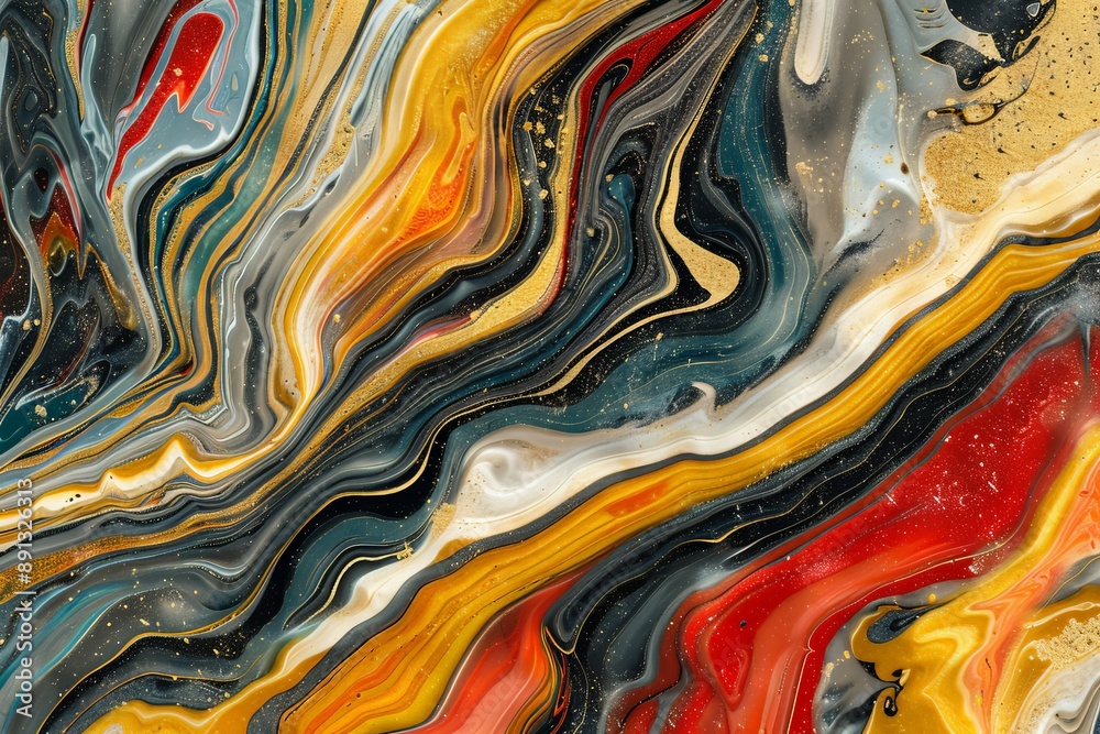 Poster an intricate fluid art piece featuring bold yellow and red accents amidst swirling patterns, offerin