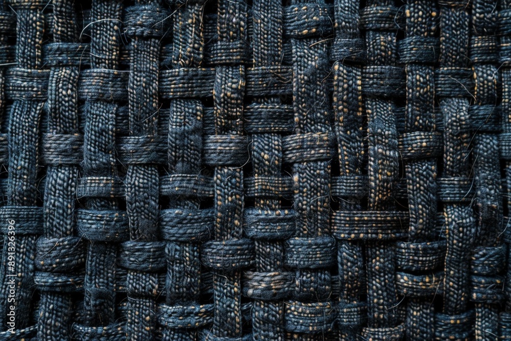 Poster A detailed close-up of dark blue and beige woven fabric showing the intricate pattern and texture of the fibers. This detailed fabric display is highly textured and tactile.
