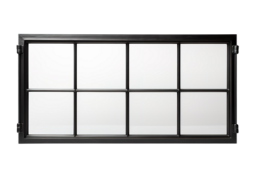 A Black Window Pane With Nine Grids of Glass, Reflecting Light and Offering a View on a Clear PNG or White Background.