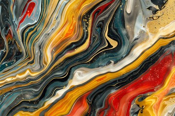 Fototapeta premium An intricate fluid art piece featuring bold yellow and red accents amidst swirling patterns, offering a striking and energetic visual experience with captivating depth.