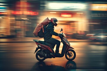 Fast Food Delivery on Scooter Through City Streets at Night for Urban Speed and Efficiency Concept