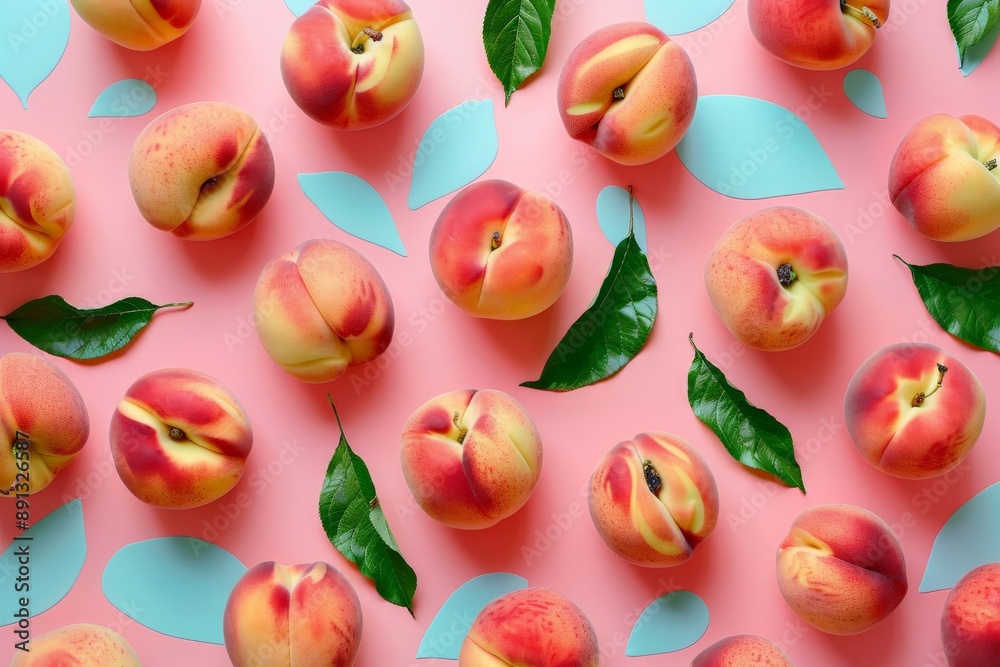 Aufkleber An array of whole peaches accompanied by leaves, elegantly displayed on a pink background. Ideal for summer, fruit, and freshness-related concepts.